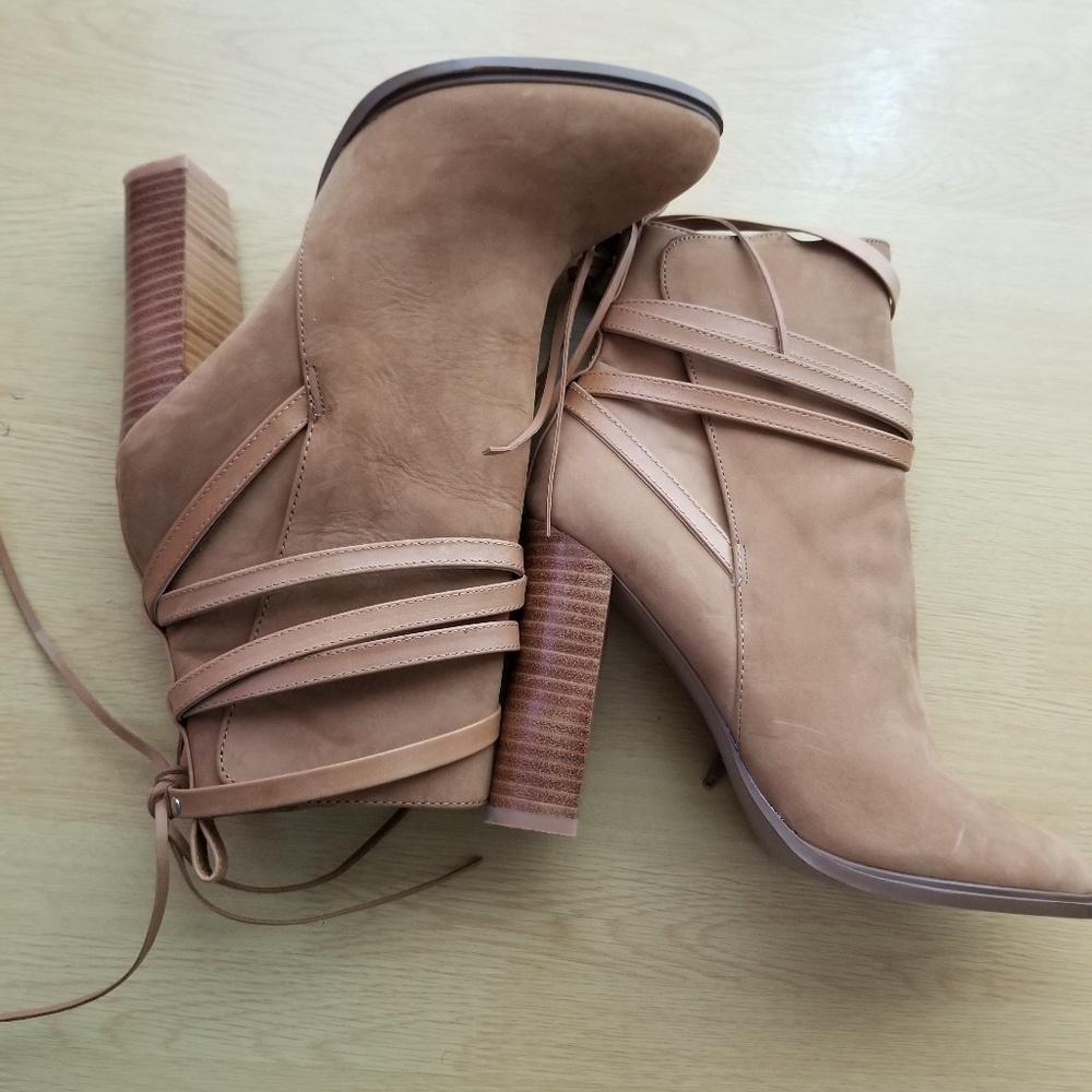 Camel colored booties with faux leather wrap style